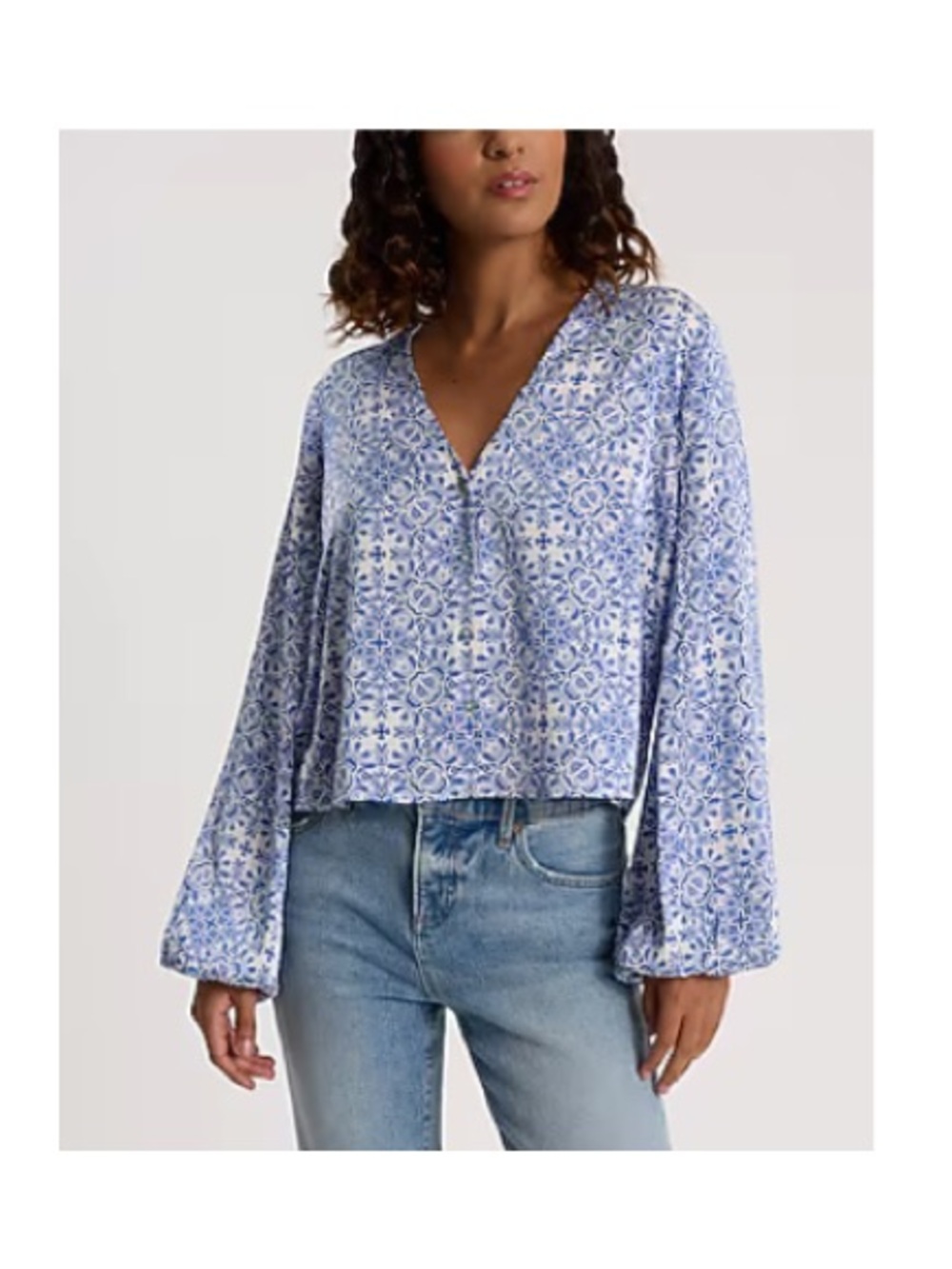 Express Blue Floral V-Neck Button Front Blouse